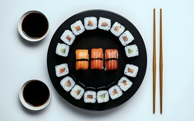Sushi platter with soy sauce isolated clean white background
