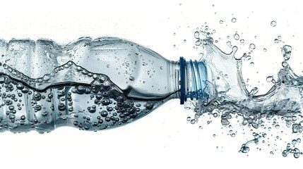 A close shot of water is coming out of a plastic bottle against a gray white backdrop with a big space for text or product advertisement, Generative AI.