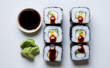 Sushi roll with wasabi and soy sauce