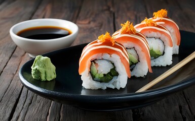 Sushi roll with wasabi and soy sauce.