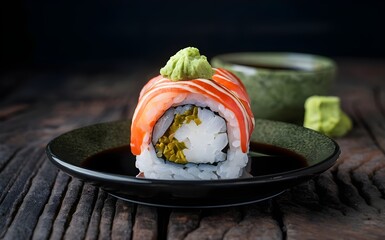 Sushi roll with wasabi and soy sauce.