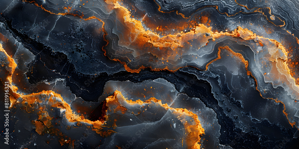 Aufkleber Dramatic and fiery molten marble texture with intricate swirling patterns and a striking black and orange color scheme,creating a captivating and