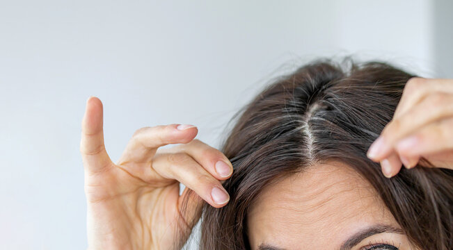 Sad look of a woman shows gray hair on her head. Hair with fragments of gray hair, hair roots requiring dyeing.