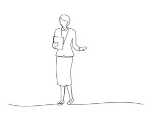 Continuous single one drawing businesswoman is holding a book and explaining the strategy. vector illustration design for business growth strategy concept.