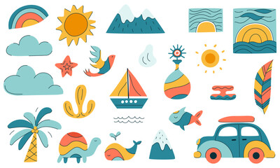 A collection of colorful images and symbols, including a car, a boat, a turtle