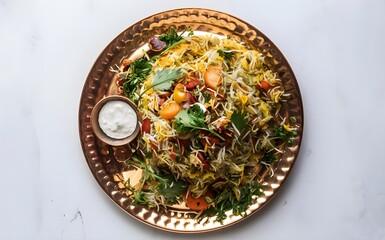 Vegetable biryani on a copper plate