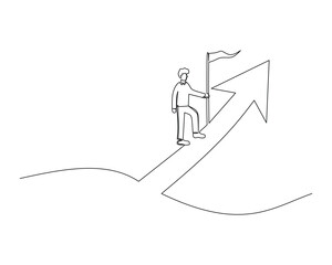 Continuous single one drawing men plant flags in the direction of arrows pointing upwards. vector illustration design for business growth strategy concept.