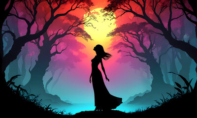 A silhouette of a woman standing in a forest. The sky is a gradient of orange, yellow, blue, and purple. There is a large moon in the background. Illustration