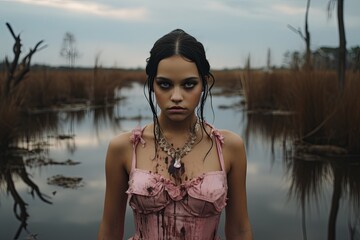 Portrait of a woman in front of swamp