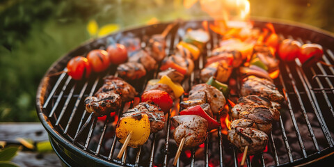 BBQ and shish kebab. Sizzling kebabs with vegetables and meat grilling on a barbecue, capturing a...