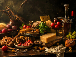 Italian food on a wooden table.