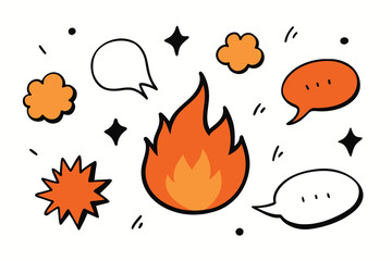 Set of hand drawn speech bubbles, flame elements, star, fire. Trendy grunge scrawl doodles for stickers. Freehand pencil drawing vector