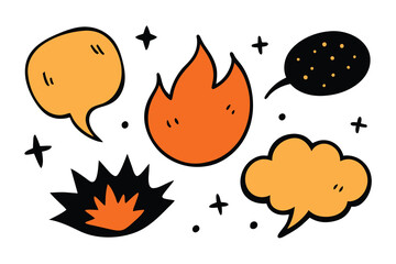 Set of hand drawn speech bubbles, flame elements, star, fire. Trendy grunge scrawl doodles for stickers. Freehand pencil drawing vector