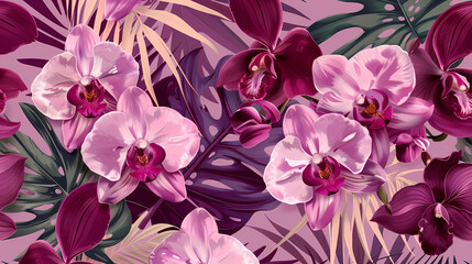 Luxury Orchid wallpaper design vector. Tropical pattern design,Blossom floral, Blooming realistic isolated flowers. Hand drawn. Vector illustration. --ar 16:9