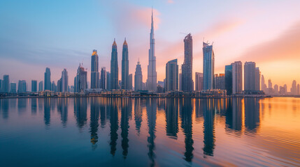 Obraz premium Stunning view of Dubai's skyline reflected in the calm waters at sunrise, showcasing iconic skyscrapers under a colorful sky