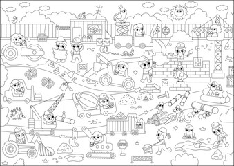 Obraz premium Vector black and white construction site, road work landscape illustration, coloring page. Building line scene with kid builders, transport, bulldozer, tractor, truck. Cute repair service background.