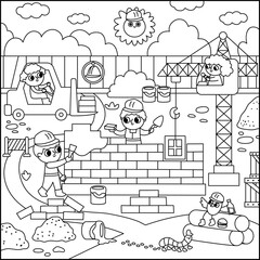 Vector black and white construction site landscape illustration. Line scene with kid workers building a brick house. Square background or coloring page with funny builders, lifting crane, vehicles.