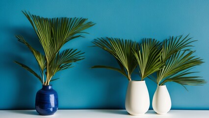 Fototapeta premium Minimalist blue background with a palm leaf in cobalt vase, simple composition with lots of white space,.