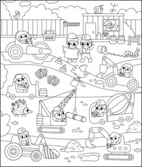 Naklejka premium Vector black and white construction site landscape illustration. Line scene with kid drivers in tractor, truck, crane repairing track. Repair service, road work background, coloring page with vehicle