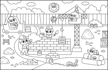 Vector black and white construction site landscape illustration. Line scene with kid workers building a brick house. Horizontal background, coloring page with funny builders, lifting crane, vehicles.