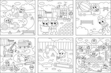 Vector black and white construction site landscape illustrations set. Line scenes collection with kid workers, vehicles, road works, building a brick house. Square backgrounds or coloring page.