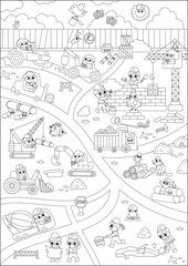 Vector black and white construction site and road work vertical landscape illustration. Building scene with funny kid builders, transport, crane. Line repair service map background, coloring page.