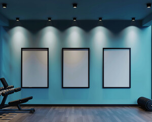Modern fitness center with three empty posters in sleek black frames each spotlighted against a vivid blue wall suitable for motivational or promotional displays