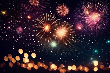 Fototapeta premium New Year's Eve background design with fireworks with empty copy space.