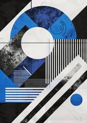 Design a visually appealing composition by incorporating abstract elements such as blue and white circles, lines, squares, and triangles for a modern and impactful aesthetic