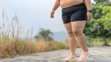 Heavyset Asian woman in shorts walking on road