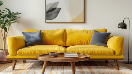 Mockup poster in the living room, the yellow sofa in bohemian style, 3d render, 3d illustration 