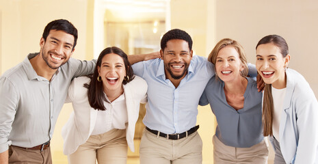 Happy, teamwork and portrait of business people in office for diversity, unity and staff at...