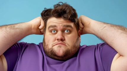 Overweight man in his thirties holding head in hands