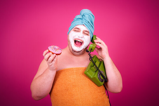 Early morning and preparation for the party. Funny fat man after a shower. - Powered by Adobe