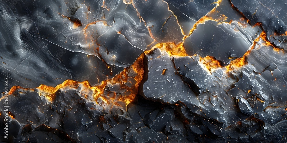 Poster dramatic black marble texture with golden cracks and fiery molten eruptions,powerful and chaotic abs