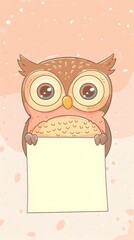 Cute Cartoon Owl Holding Blank Sign or Banner on Pastel Background with Stars and Dots