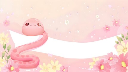Cute Cartoon Pink Snake Surrounded by Pastel Floral Blooms in a Springtime Garden