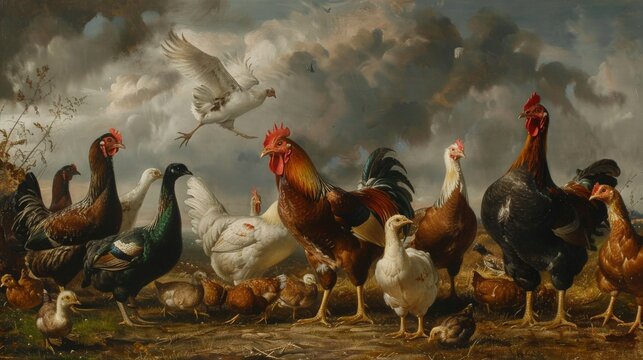 A painting of a barnyard with chickens, ducks, and geese gathered together. - Powered by Adobe