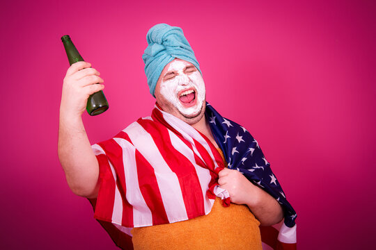 Early morning and preparation for the party. Funny fat man after a shower.