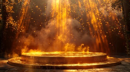 Mystical Golden Podium With Radiant Sunlight Beams, Magical Fantasy Stage For Product Display, Glowing Forest Atmosphere And Enchanted Showcase