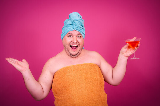 Early morning and preparation for the party. Funny fat man after a shower.