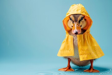 Implementing the rain in the fall season is embodied by an emerging yellow duckling with a yellow raincoat over a pale blue setting and big space, Generative AI.
