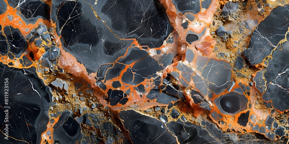 Poster intricate patterns and textures of black and orange marble stone surface