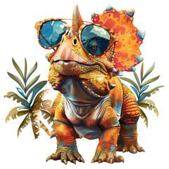A colorful 3D illustration of a triceratops wearing sunglasses and a lei. The triceratops is standing in front of a tropical background with palm trees.