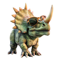 A green triceratops wearing sunglasses.