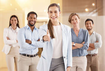 Fototapeta premium Office, business woman and handshake in portrait for welcome, hiring and recruitment in workplace. Businesspeople, men or women as human resource staff, professional and corporate team with thank you