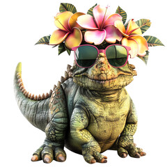 A small green dinosaur wearing sunglasses and a flower lei is sitting on a beach, looking happy and relaxed.