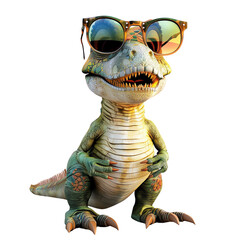 A small green dinosaur wearing sunglasses is sitting on a rock. The dinosaur has its arms crossed and looks like it is very relaxed.