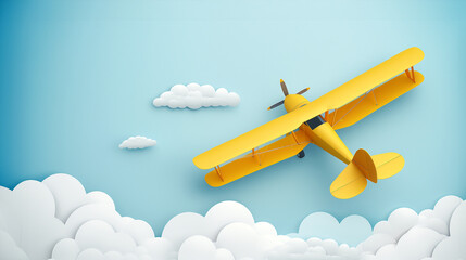 Paper art with yellow airplane flying in the sky, among white clouds, handicraft design