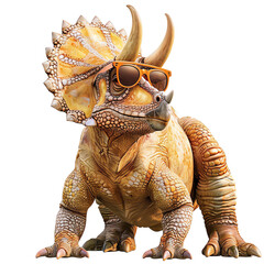 A yellow triceratops wearing sunglasses looks like he's ready to party.